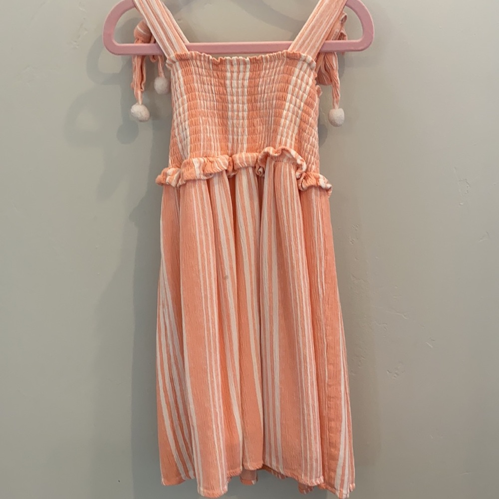 Coral & white striped dress with Pom Pom ties